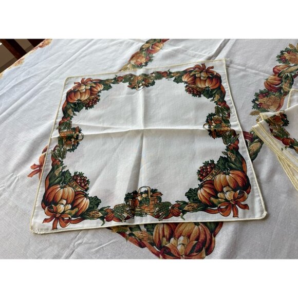 Autumn Fall Thanksgiving Cloth Tablecloth & 8 Napkins 59X84 Autumn Theme Vtg - Picture 6 of 8